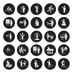 25 vector icon set : Wrestling, Photographer, Pilot, Plumber, Politician, Superhero, secretary, Professor, Racer, Teacher, Waiter, Welder isolated on black background.