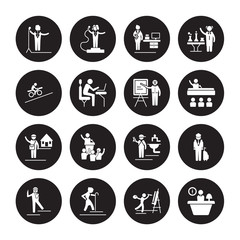 16 vector icon set : Singer, Painter, Pensioner, Photographer, Pilot, Office worker, Racer, Postman, Professor isolated on black background