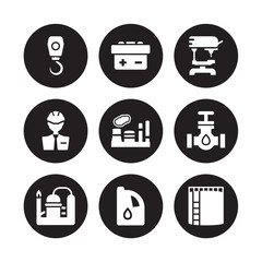 9 vector icon set : Hook crane, industrial Battery, Refinery, petrol Pipe, Industry, Drill, Engineer, Oil isolated on black background