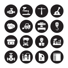 16 vector icon set : Pump, Oil, Refinery, petrol Pipe, Industry, storage Tank, Co2, industrial Battery, Machine press isolated on black background