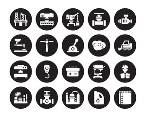 20 vector icon set : Oil industry, Oil, Refinery, petrol Pipe, Industry, Pump, Co2, industrial Battery, Machine press, Pick, Harbor crane isolated on black background