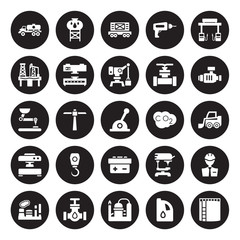 25 vector icon set : Fuel truck, Oil, Refinery, petrol Pipe, Industry, Pump, Co2, industrial Battery, Machine press, Oil industry, Train cargo, Water tank isolated on black background.