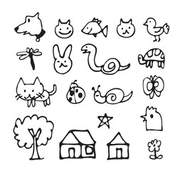 Ink brush animal icon design, basic cartoon thin line, hand draw vector home, tree, flower and pet, easy kid drawing for coloring
