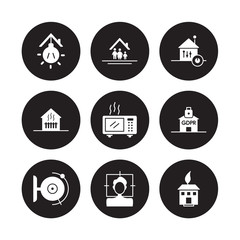 9 vector icon set : Illumination, Household, Fire alarm, GDPR, heat leak, Home automation, Heating, Face scan isolated on black background
