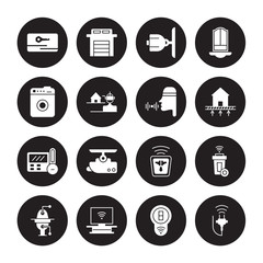 16 vector icon set : Key card, smart Switch, Television, Toilet, trash, Plug, Washer machine, Thermostat, Voice control isolated on black background