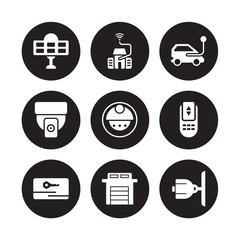 9 vector icon set : Solar energy, Smart home, Key card, Remote control, Robot vacuum cleaner, car, Security camera, Garage isolated on black background