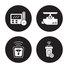 4 vector icon set : Thermostat, Socket, Surveillance, smart trash isolated on black background