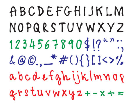 Black ink brush font design, green numbers, red lower case alphabets, blue sign mark.
