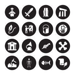 16 vector icon set : Tour, Fishbone, Skeleton, Geological, Bone, Papyrus, Quill, Museum, Paint isolated on black background