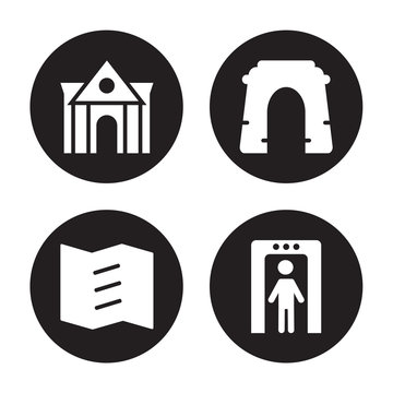 4 Vector Icon Set : Museum Building, Trifold, Arc, Metal Detector Isolated On Black Background