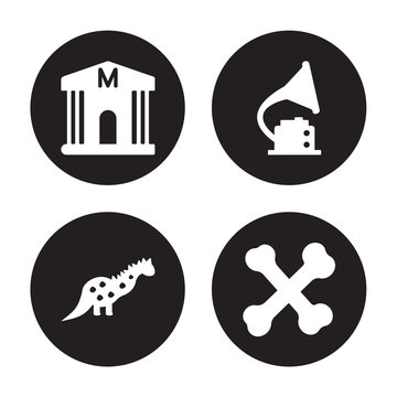 4 vector icon set : Museum, Dinosaur, Gramophone, Bone isolated on black background