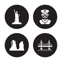 4 vector icon set : Statue of liberty, Grand canyon, Sheriff, Golden gate isolated on black background