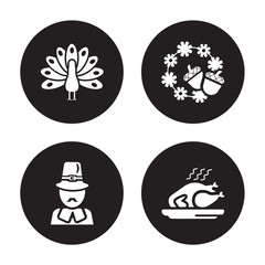 4 vector icon set : Thanksgiving peacock, Pilgrim, ornament, Roasted turkey isolated on black background