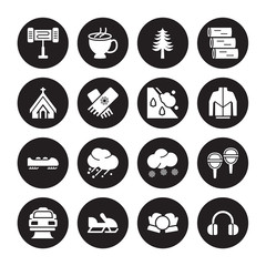 16 vector icon set : Electric heater, Snow ball, Snowmobile, Snowplow, Snowshoes, Earmuffs, Chapel, Bobsled, Avalanche isolated on black background