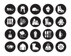 20 vector icon set : Sled, Anorak Vest, Snow Boot, Turtleneck Sweater, Goggle, Ice skate, winter Boots, Snowsuit, Shovel, Cold, Igloo isolated on black background