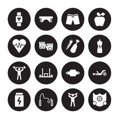 16 vector icon set : Fitness Tracker, Exercise, Exercise bands, Fitness, Ball, Elevation mask, fitness Heart, Body, Food isolated on black background