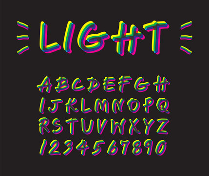 Colorful neon lighting font design on black, yellow flash uppercase alphabet handwriting, shiny magenta letter hand draw, cyan glow beam typography English text and number.