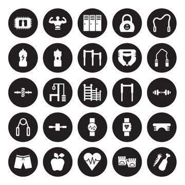 25 vector icon set : Mat, Fitness Gloves, fitness Heart, Nutrition, Shorts, Hand grip, Gym bars, Watch, Grip, Isotonic, Locker, Lumbar belt isolated on black background.