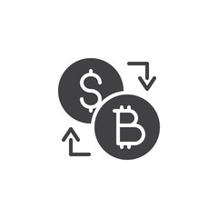 Obraz premium Bitcoin dollar exchange vector icon. filled flat sign for mobile concept and web design. Dollar and bitcoin coins and arrows simple solid icon. Symbol, logo illustration. Pixel perfect vector graphics