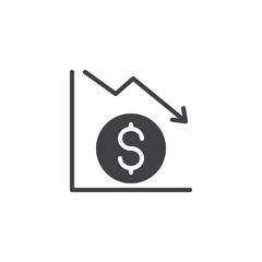 Dollar graph vector icon. filled flat sign for mobile concept and web design. Falling dollar currency rate simple solid icon. Finance crisis symbol, logo illustration. Pixel perfect vector graphics