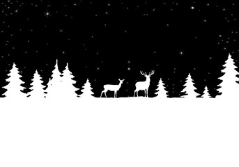 Fototapeta premium Silhouettes of deer in a snowy forest. Winter landscape. Illustration can be used for christmas greeting card, banner, poster.