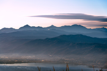 Mauntain with lake suwa at yatsugatake in winter