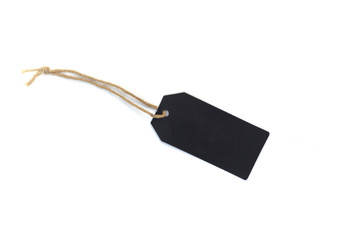 blank black cardboard price tag or label tag with thread isolated on white background.