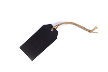 blank black cardboard price tag or label tag with thread isolated on white background.