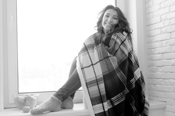 Girl at the window black and white