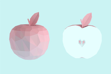 Pastel Apples. Set of Pink Whole and Half Apple on Bright Blue Background. Low Poly Vector 3D Rendering