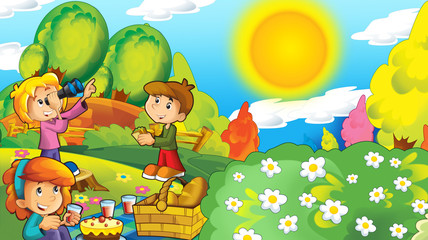 Obraz na płótnie Canvas cartoon happy and funny scene with kids in the park having fun - illustration for children
