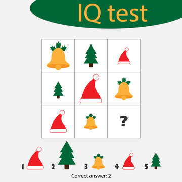 Choose correct answer, IQ test with christmas picturees for children, xmas fun education game for kids, preschool worksheet activity, task for the development of logical thinking, vector illustration