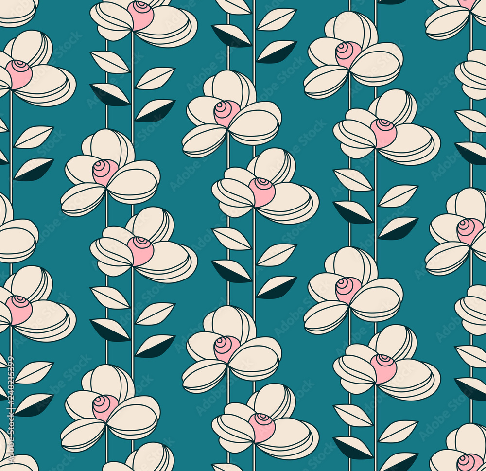 Poster seamless pattern with flowers and leaves in retro style