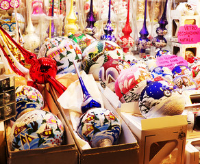 Traditional handmade decorations for christmas tree in the markets of Saint Lucia, Bologna. Santa Lucia, Italy © Claudio Caridi