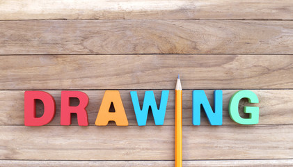 Colorful Word ' DRAWING ' with Orange Pencil Instead ' I ' Letter