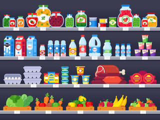 Food products on shop shelf. Supermarket shopping shelves, food store showcase and choice packed meal products sale vector illustration