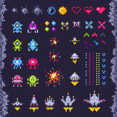 Retro space arcade game. Invaders spaceship, pixel invader monster and retro video games pixel art isolated objects illustration set © Tartila