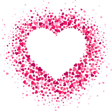 Love heart frame. Scattered hearts confetti in heart shape, valentines card and romance shapes scatter vector illustration background
