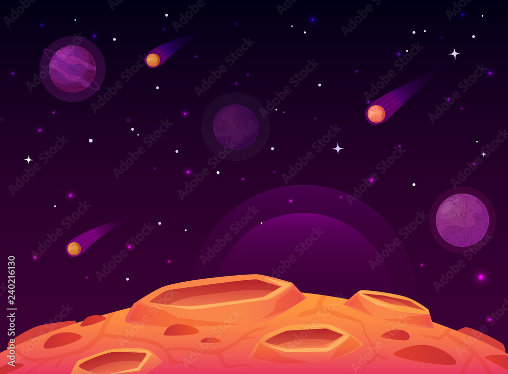 Wall mural space asteroid surface. planet with craters surface, space planets landscape and comet crater cartoo