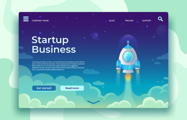 Startup launch landing page. Rocket launch, easy business start and futuristic space travel vector concept illustration - obrazy, fototapety, plakaty