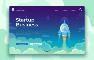 Fotobehang Startup launch landing page. Rocket launch, easy business start and futuristic space travel vector concept illustration © Tartila