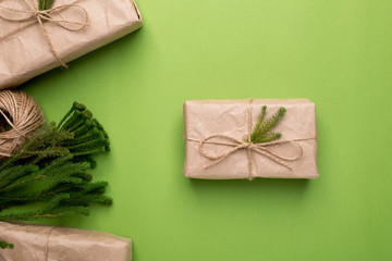 Eco gifts with green plants in craft paper on a green background