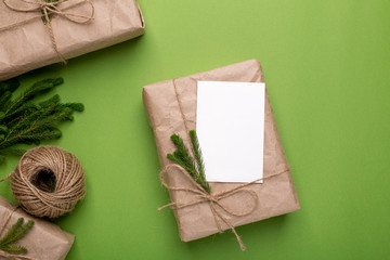 Eco present and card with green plants in craft paper on a green background