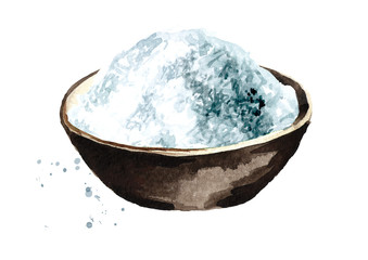Sea salt in a bowl watercolor hand drawn illustration isolated on white background