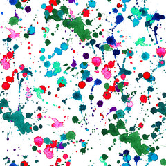 Seamless pattern with abstract background of colorful paint drops on white. Hand painted watercolor illustration with grunge liquid splats