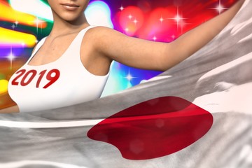 cute woman holds Japan flag in front on the party lights - Christmas and 2019 New Year flag concept 3d illustration