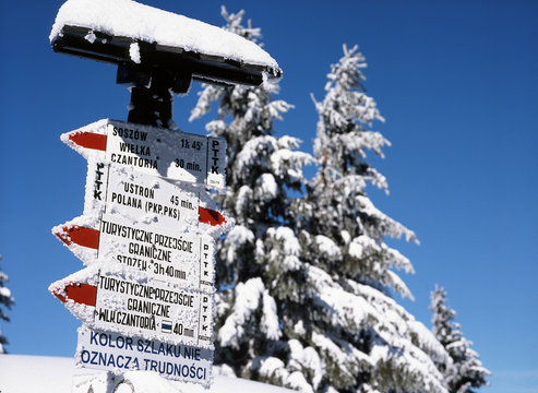 Slaski Beskid Mountains, Silesia Region, Poland: February, 2011 - tourist information on Czantoria Mountain, Ustron