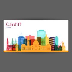 Cardiff city architecture silhouette. Colorful skyline. City flat design. Vector business card.