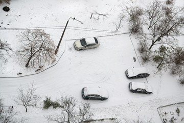 Cars in parking are covered snow