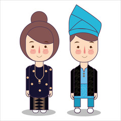Naklejka premium Malaysia bride and groom cartoon wedding. traditional national clothes. Set of cartoon characters in traditional costume. Illustration vector.